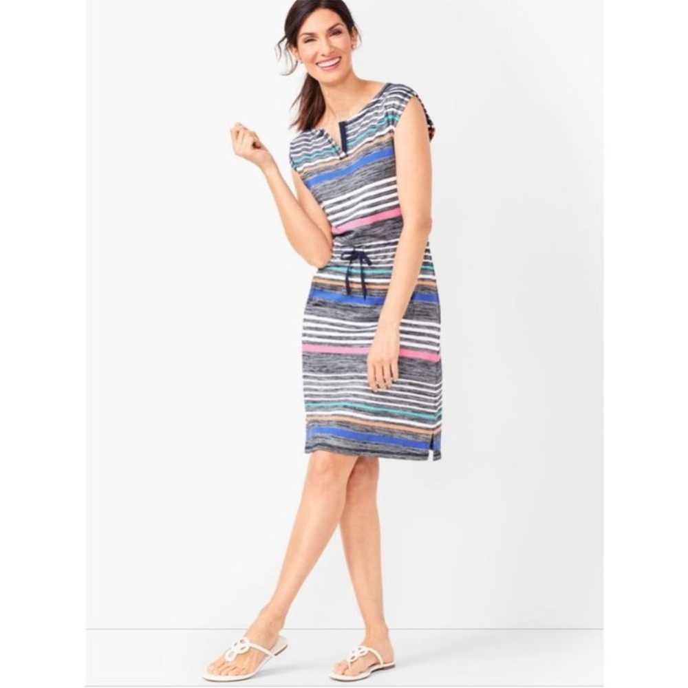 T by Talbots Multicolor Stripe Shift Dress Womens 1X Blue Pink French Terry Tie